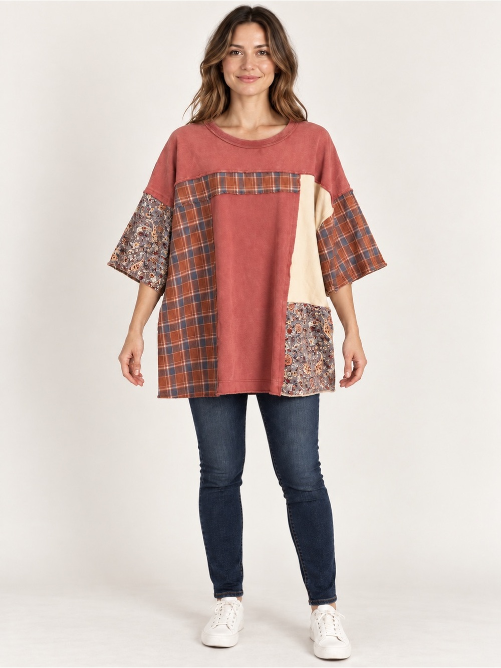 Easel Patchwork Short-Sleeve Tunic in Rust, Cream and Blue Plaid